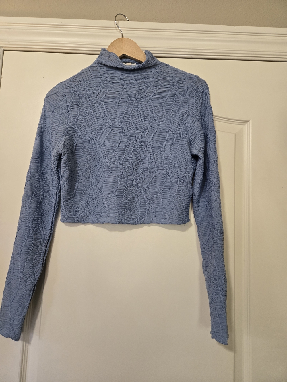 Lena Powder Blue Textured Long-Sleeve Crop Top